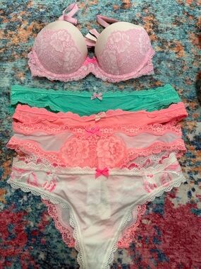 Women's Pink Lace Push-Up Bra and Assorted Lace Bikini Panties Set
